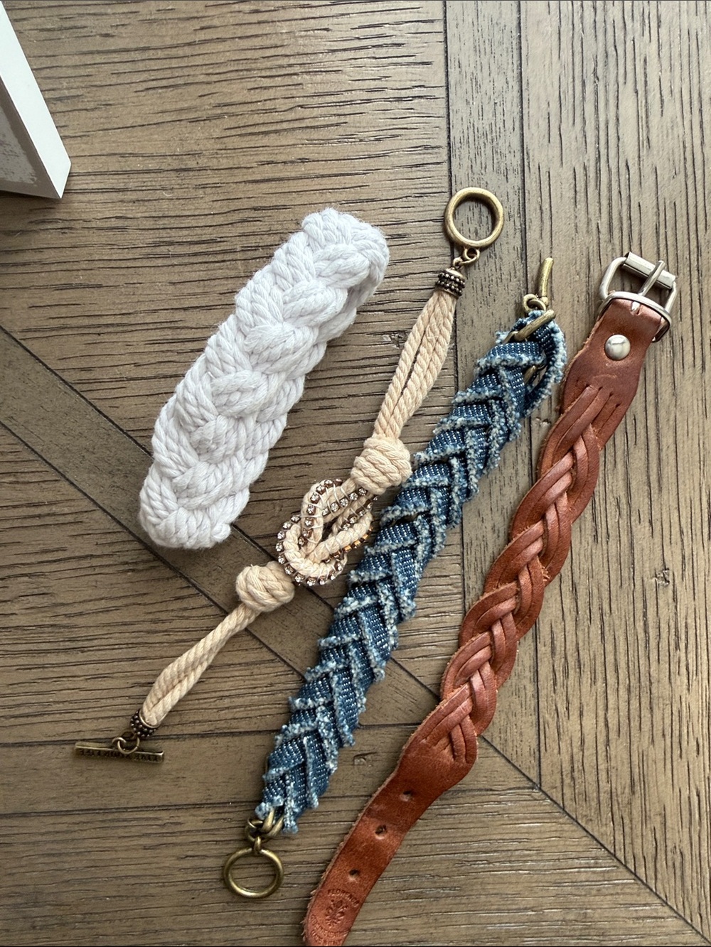 Woven Leather and Fabric Bracelet Set - White, Beige, Blue, Brown